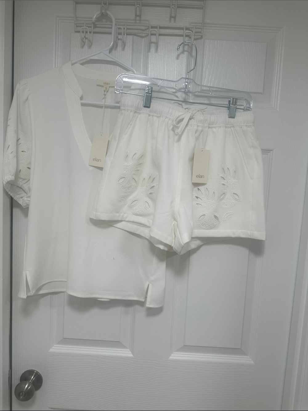 Elan GORGEOUS White Embroidered V‑Neck Top & Shorts Set
